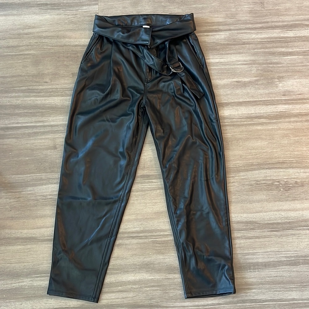 Open Edit Black Faux Leather Belted Pants Women's Size M High Rise Zip Up,